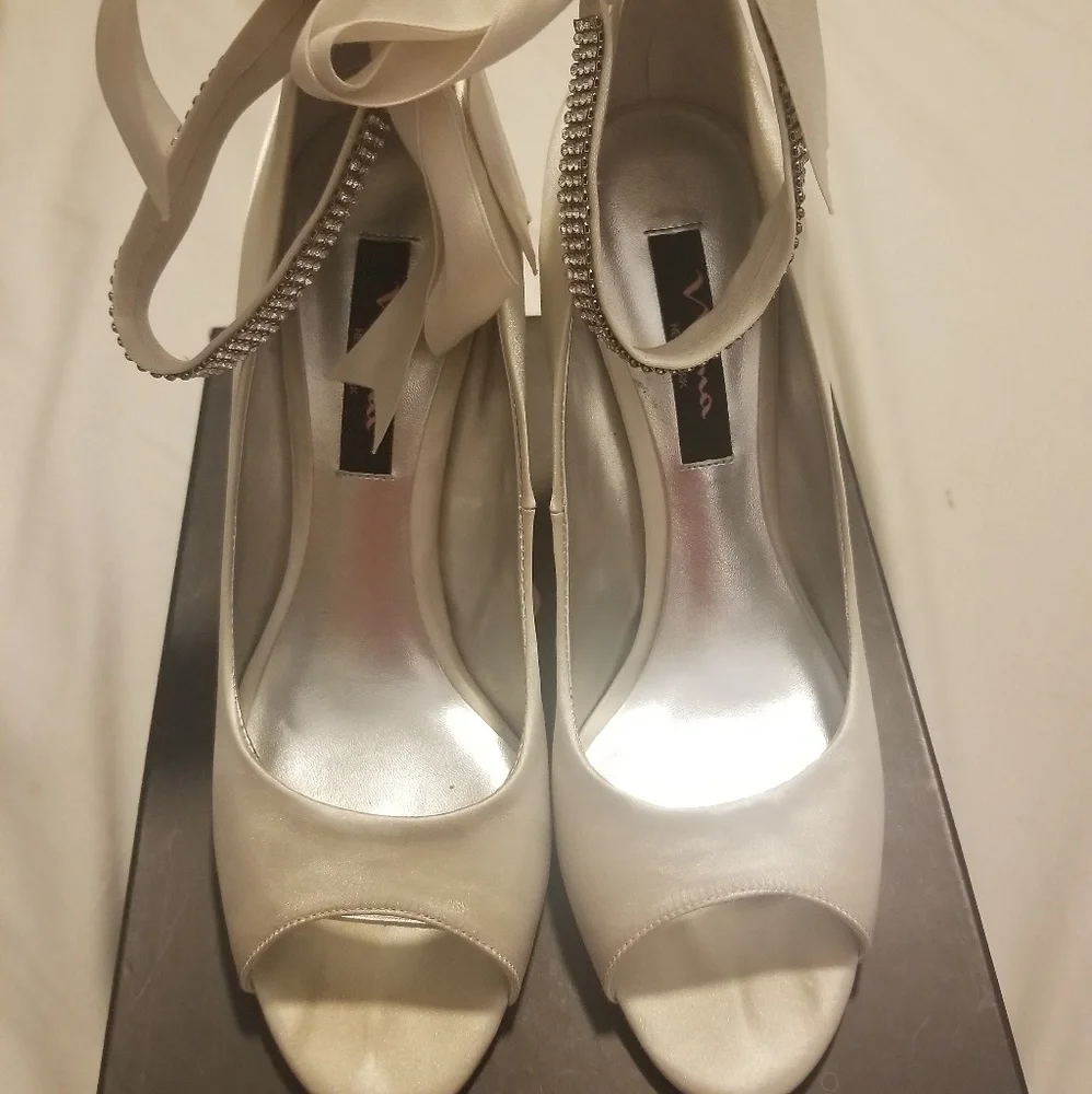 Nina Ivory Satin Wedge Peep-Toe with Rhinestone Ankle Strap